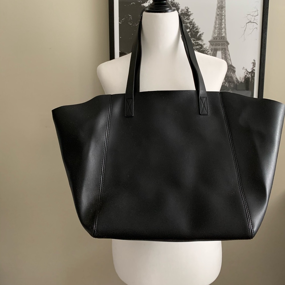Black vegan leather tote bag